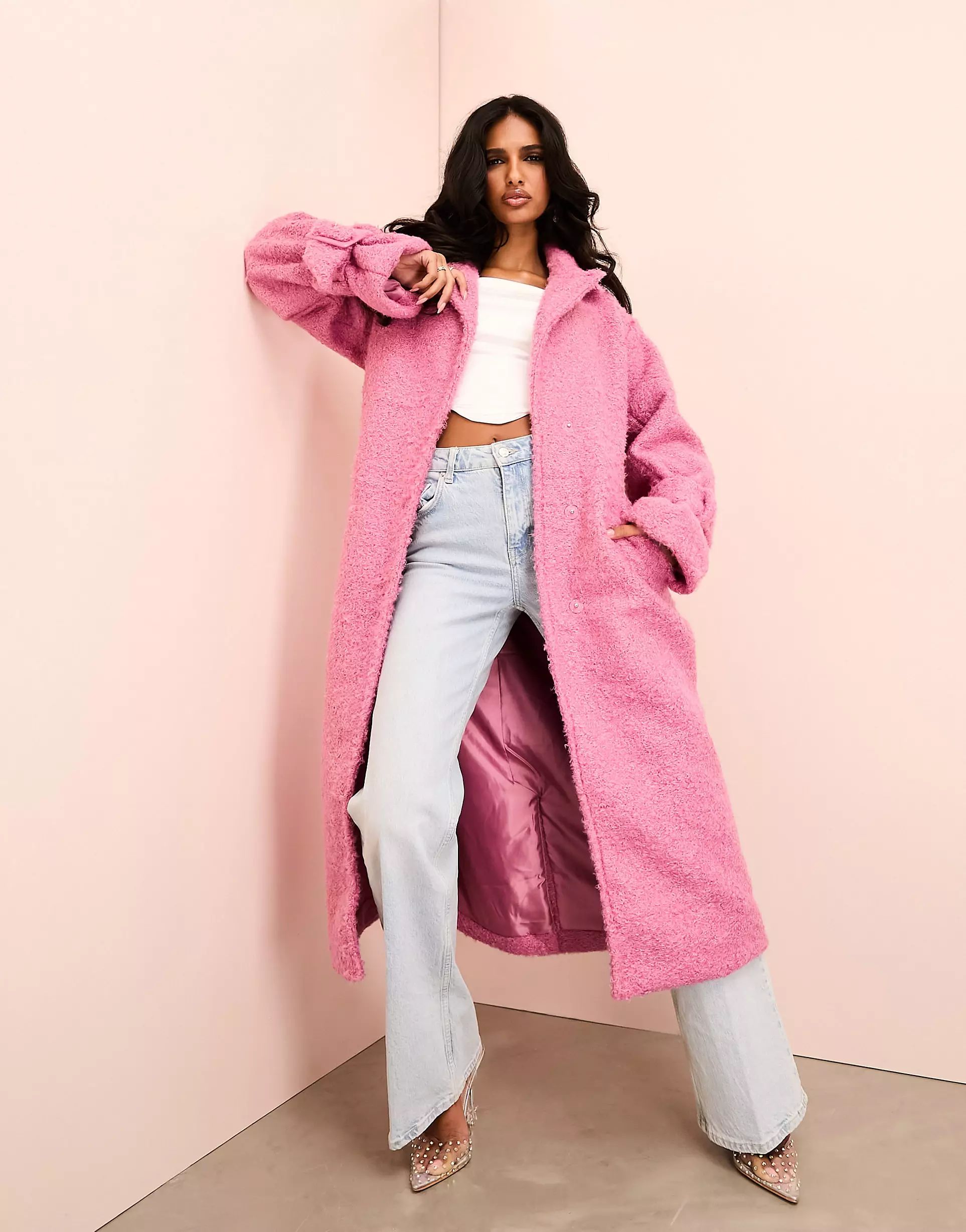 ASOS LUXE borg long line trench coat with belted waist in pink | ASOS (Global)