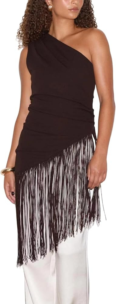 Women Tassel Tank Tops Y2k One Shoulder Asymmetrical Fringed Hem Tops Summer Solid Color Slim Fit... | Amazon (US)
