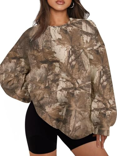 Dsewpaur Camo Sweatshirt For Women Maple Leaf Print Hoodies Crew Neck Oversized Long Sleeve Drop Shoulder Pullover | Amazon (US)