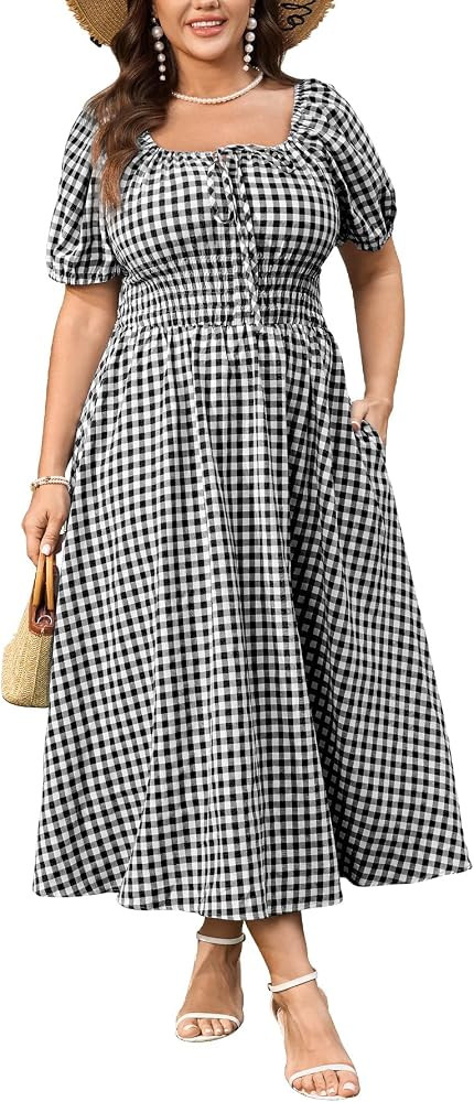 SCOMCHIC Women's Plus Size Maxi Dress Square Neck Plaid Short Sleeve Tie Front Gingham Casual Sum... | Amazon (US)