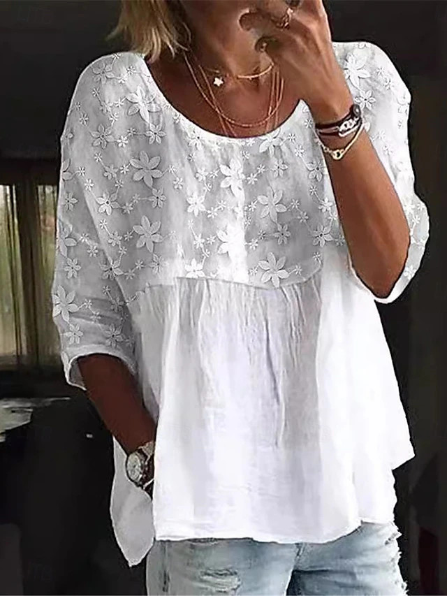 Women's Shirt Cotton Linen Shirts Blouse Solid Color Basic Casual 3/4 Length Sleeve V Neck Regula... | Lightinthebox