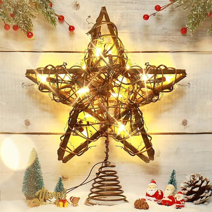 Rocinha Rustic Christmas Tree Topper Star with 15 LED Lights Vintage Rattan Christmas Toppers for... | Amazon (US)