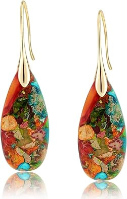 Natural Healing Stone Fishhoop Dangle Drop Earrings Statement Gold silver earrings | Amazon (US)