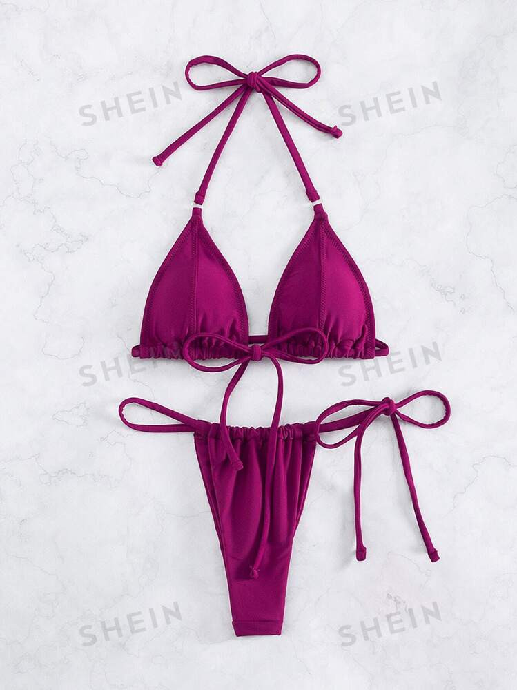 SHEIN Swim Summer Beach Solid Bikini Set Micro Triangle Bra & Thong Bottom 2 Piece Bathing Suit | SHEIN