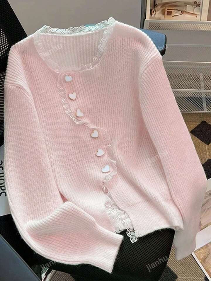 Round Neck Lace Edge Sweet Heart Button Short Cardigan | SHEIN USA | SHEIN