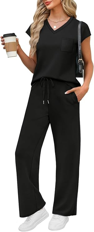 WIHOLL 2 Piece Sets for Women Resort Wear Travel Vacation Outfits Summer Cap Sleeve Lounge Sets | Amazon (US)