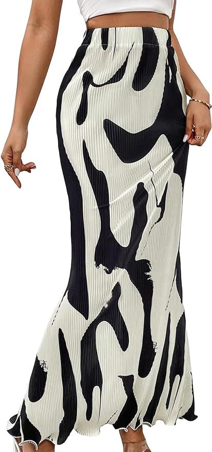 GORGLITTER Women's Graphic Print Frill Trim High Waisted Bodycon Maxi Skirt | Amazon (US)