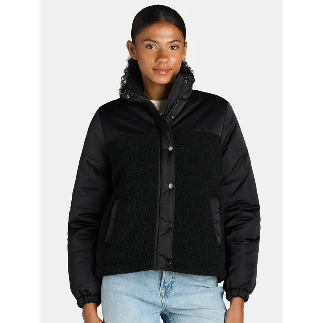 Time and Tru Women's and Women’s Plus Mixed Media Puffer Jacket, Sizes XS-3X - Walmart.com | Walmart (US)