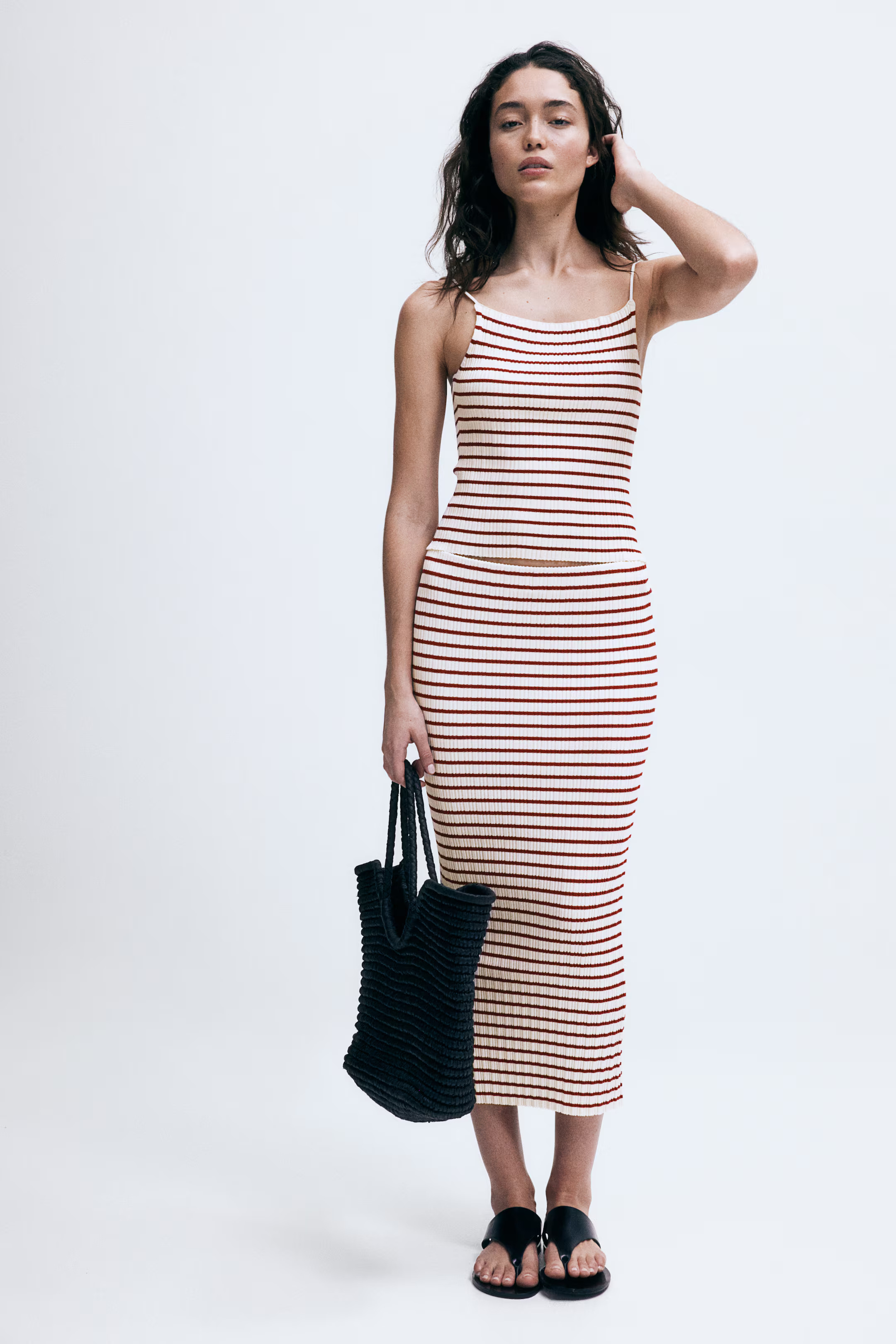Ribgebreide kokerrok - Hoge taille - Midi - Wit/rood gestreept - DAMES | H&M NL | H&M (DE, AT, CH, NL, FI)