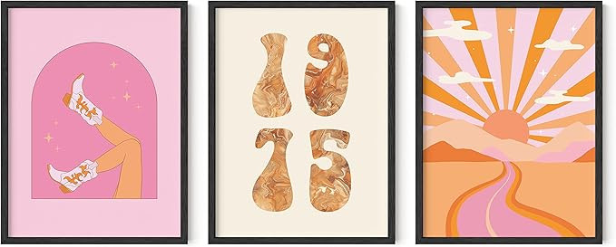 HAUS AND HUES HIppie Posters - Set of 3 Pink Wall Art, Modern Wall Art Cute Posters for Room, Ret... | Amazon (US)