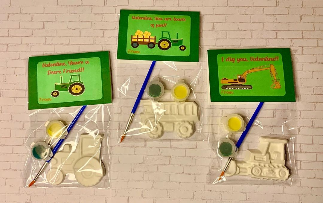 Plaster Tractor valentines Set of 10 favors DIY Valentine Party Favor Assembled Classroom Gift Pa... | Etsy (US)
