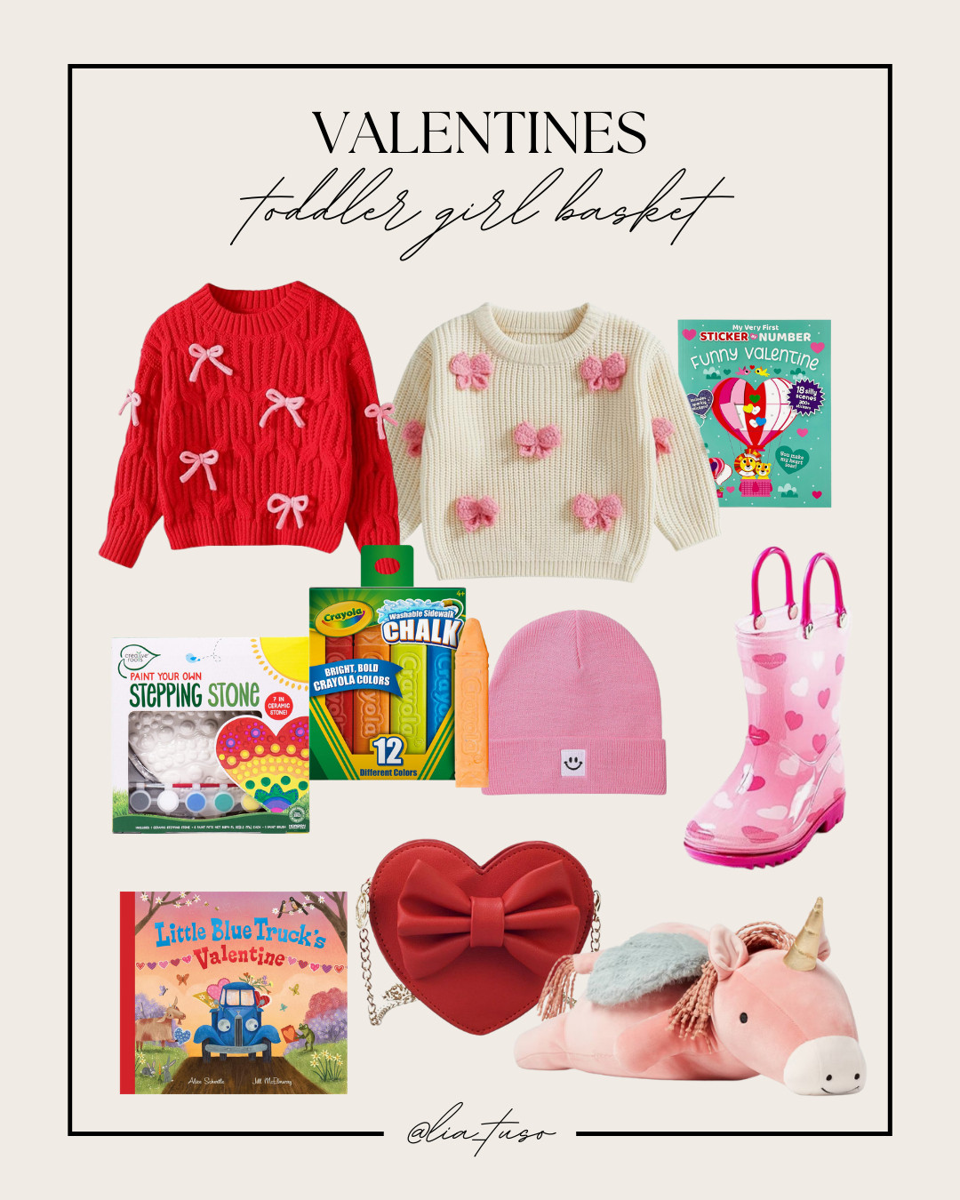 Valentines Toddler Girl Basket | Baby Beanie Knit Ski Hat, Crayola Chalk 12ct
, Little Blue Truck's Valentine, Toddler and Kids Rain Boots, Toddler Baby Girl Bow Sweater, Mily Mini Heart Shape Crossbody Handbag, Floerns Toddler Girl's Cute 3D Bow Decor Long Sleeve Sweater, My Funny Valentine, DIY Garden Stepping Stone Kit for Kids, Pegasus Weighted Plush Kids' Throw Pillow Pink

#ValentinesGiftsIdeas #ValentinesToddlerGirlBasket #ValentinesBasket 

 #LTKGiftGuide #LTKSeasonal #LTKKids