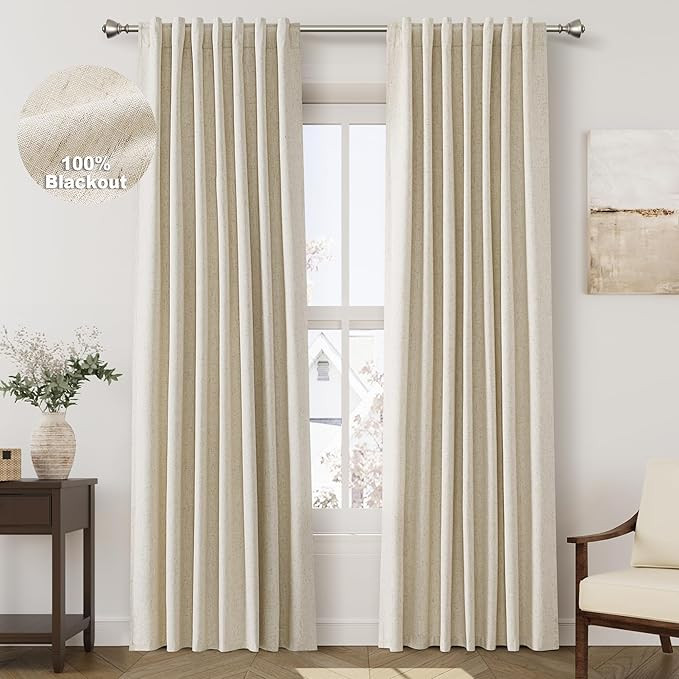 Beige Blackout Linen Curtains 90 inch Length 2 Panels for Living Room Oatmeal Pinch Pleated Black... | Amazon (US)