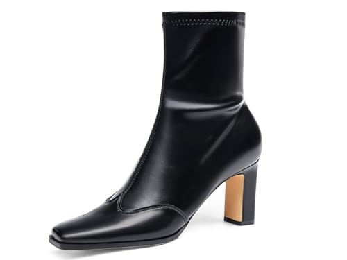 Coutgo Womens Ankle Boots Chunky Heel Square Toe Short GoGo Booties Side Zipper Winter Dress Shoes, Black, size 9.5 | Amazon (US)