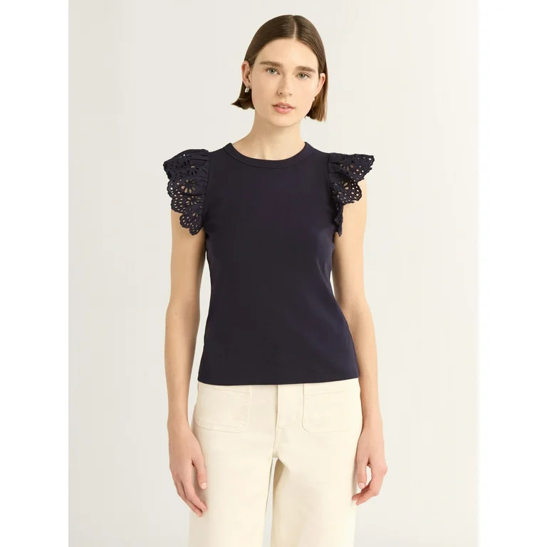 Free Assembly Women's Eyelet Flutter Sleeve Tee, Sizes XS-XXXL | Walmart (US)