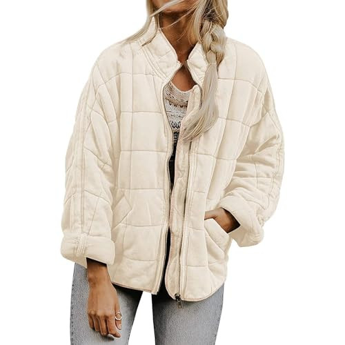 Quilted Jackets for Women Lightweight Puffer Jackets Zip Up Down Coats Dolman Sleeve Tops Warm Winter Coats Outwear Beige | Amazon (US)
