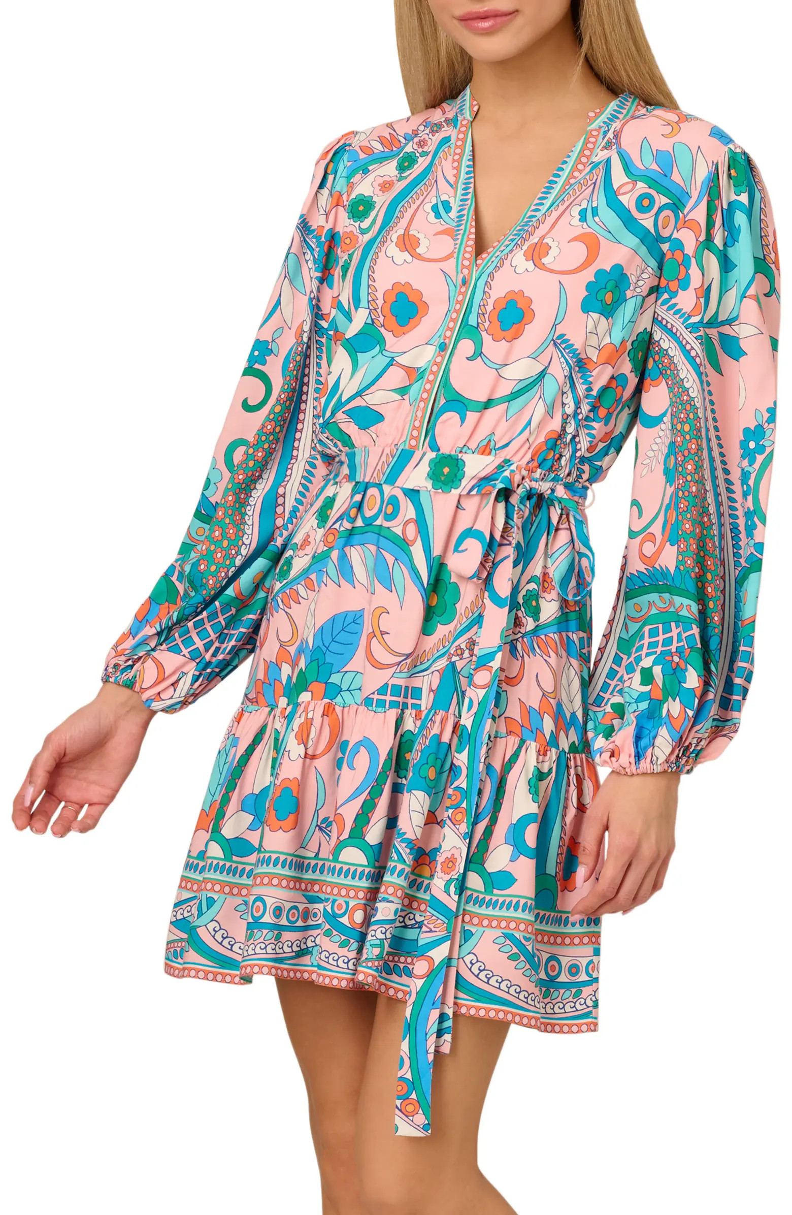 Print Tie Waist Long Sleeve Dress | Nordstrom