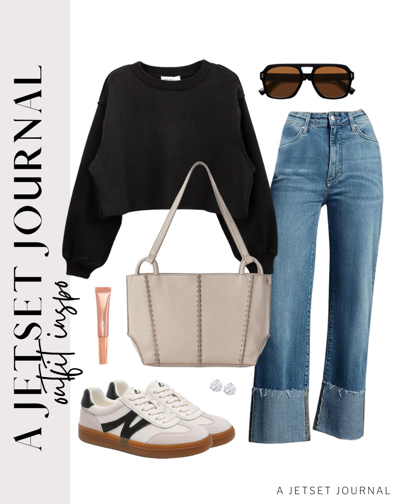 Our last outfit pairs a black fleece cropped sweatshirt with cropped wide-leg jeans. These somiliss walking shoes go well with this fit, together with The Sak Feliz Satchel Bag. Complete the look with PAVOI stud earrings and Charlotte Tilbury Beauty Light Wand highlighter. 

 #LTKSeasonal #LTKSaleAlert #LTKTravel
