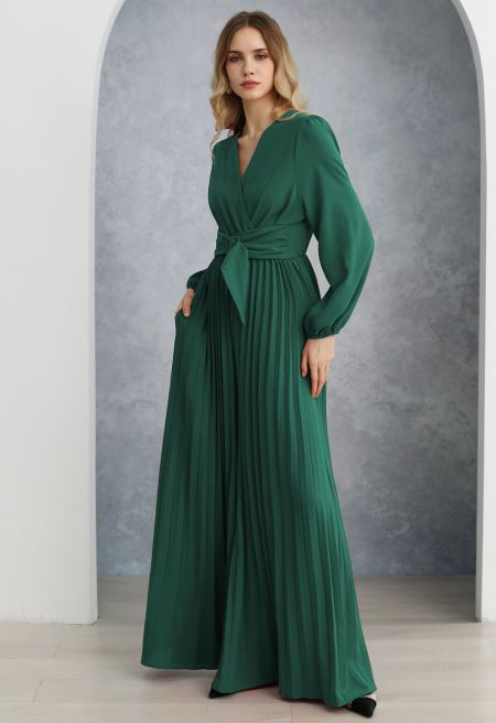 Sash Adorned Wide Leg Pleated Jumpsuit in Dark Green | Chicwish