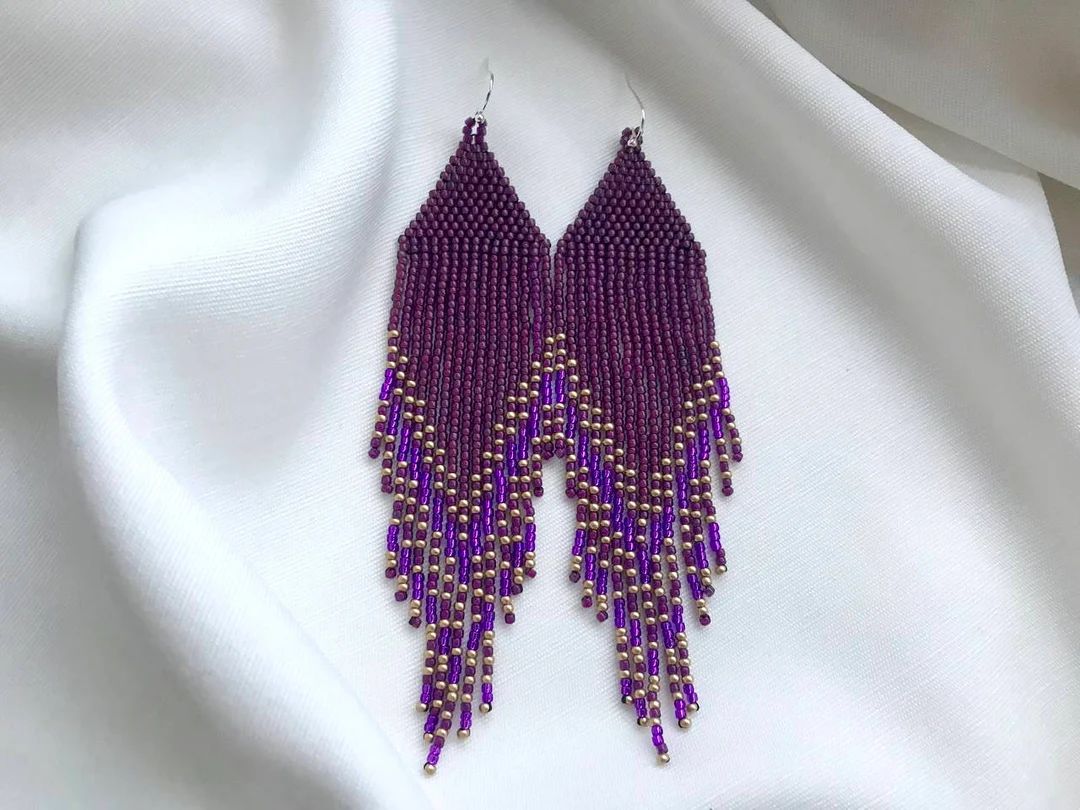 Purple Beaded Earrings Violet Seed Bead Earrings Long Purple Earrings Evening Beaded Earrings Shi... | Etsy (US)