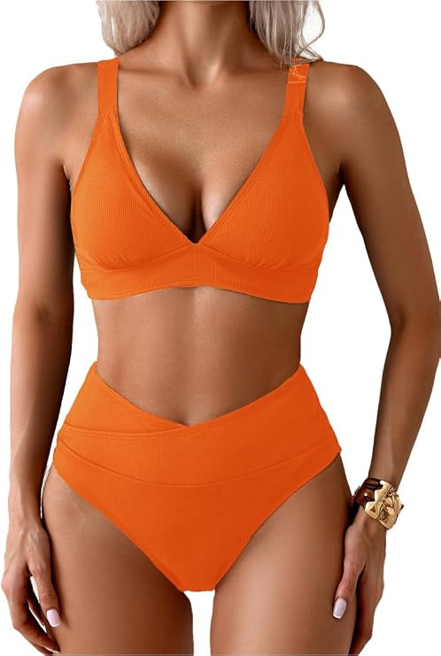 Sexy Ribbed Bikini Set High Waisted V-Cut Cheeky High Leg Longline Swimsuit | Amazon (US)