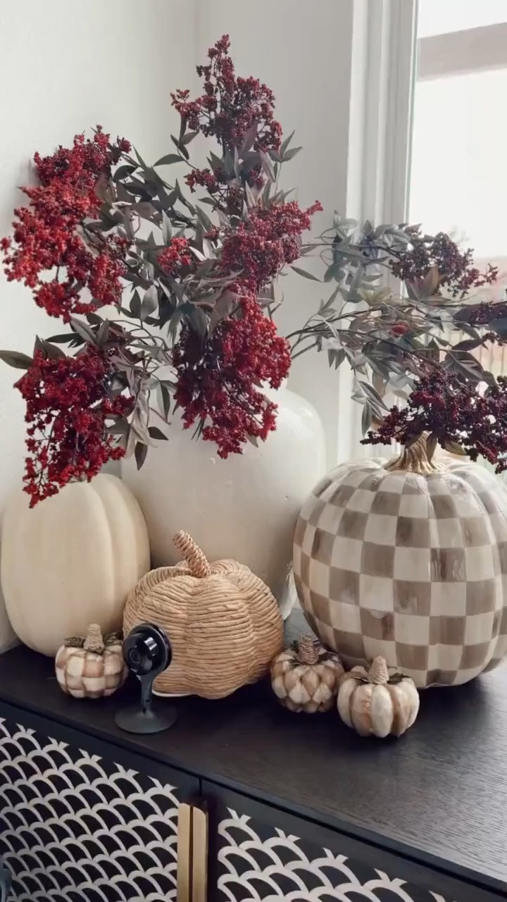 A few of my fall decor favorites! I love these faux berries and they look so realistic. I love the Mackenzie-Child’s mocha check pumpkins, too!

#LTKSeasonal #LTKHome