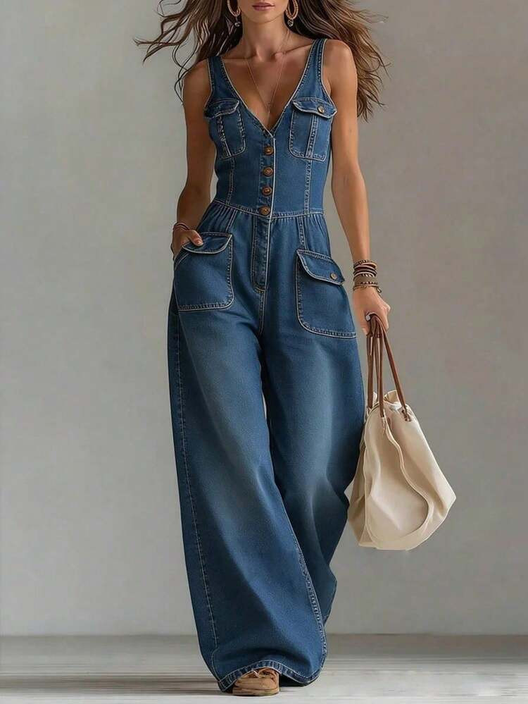 Spring And Summer European And American Imitation Denim Sleeveless Overalls Women's Tight Waist Waist Straight Loose Casual | SHEIN