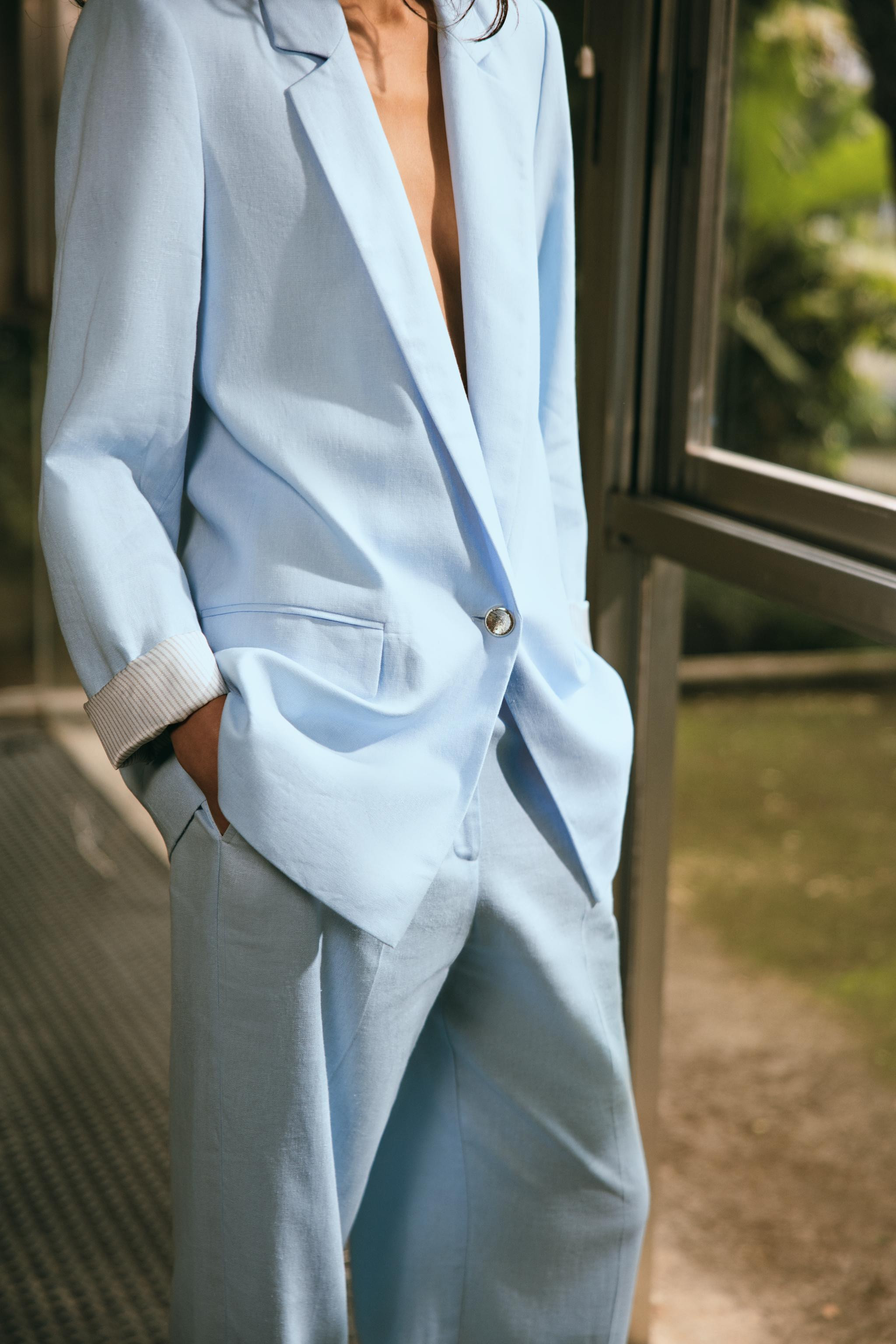 BLAZER MIT LEINEN UND BEDRUCKTEN ÄRMELAUFSCHLÄGENHellblau+5 | Zara DE