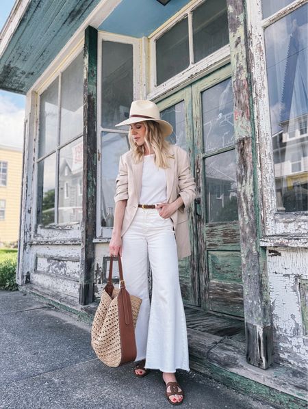 Neutral summer outfit, linen blazer, white jeans, straw tote bag, straw hat, Gucci sandals, classic summer style 

#LTKFindsUnder100 #LTKOver40 #LTKItBag