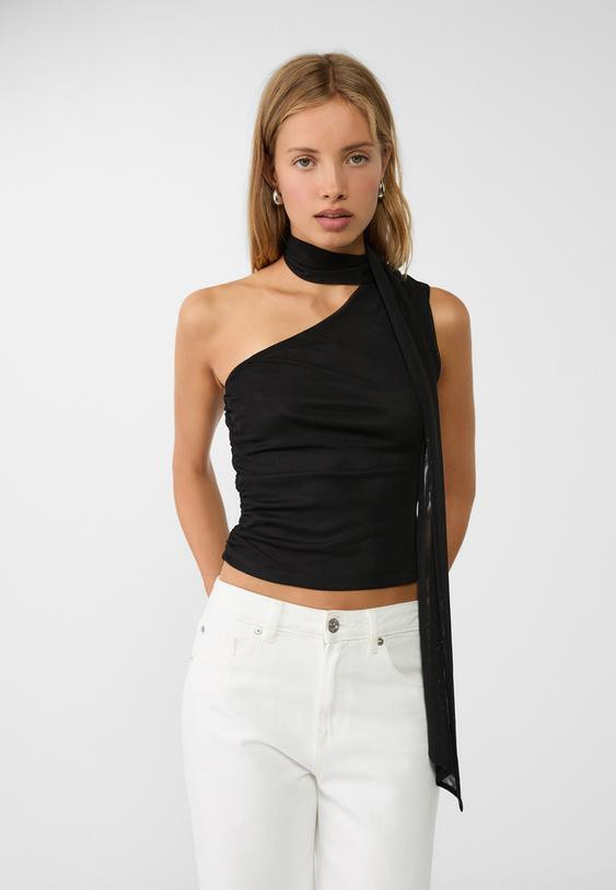 Asymmetric tulle top with scarf - Women's fashion | Stradivarius United Kingdom | Stradivarius (UK)