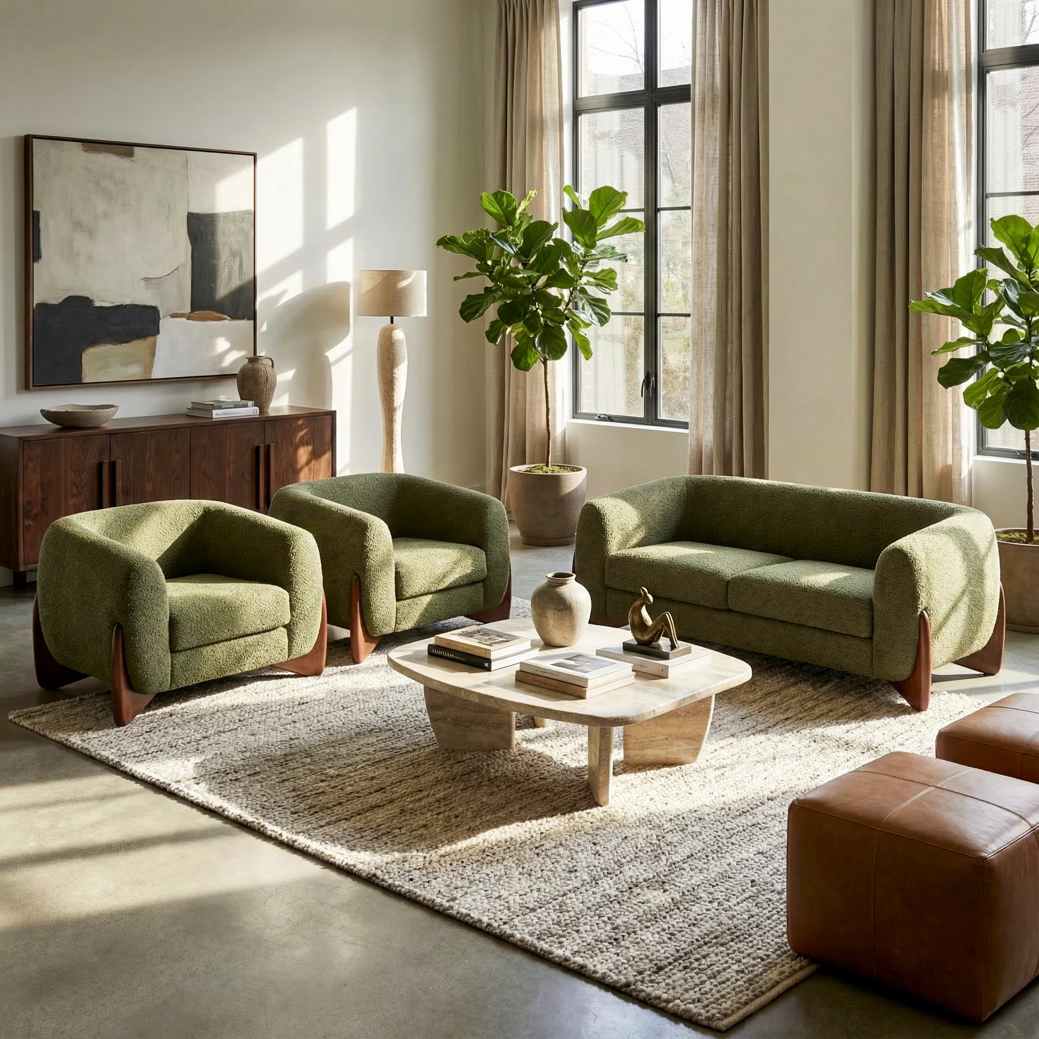 Rhudine 3-Piece  Modern Japandi Bouclé Upholsteredsofa Set With Solid Wood Legs | Wayfair North America