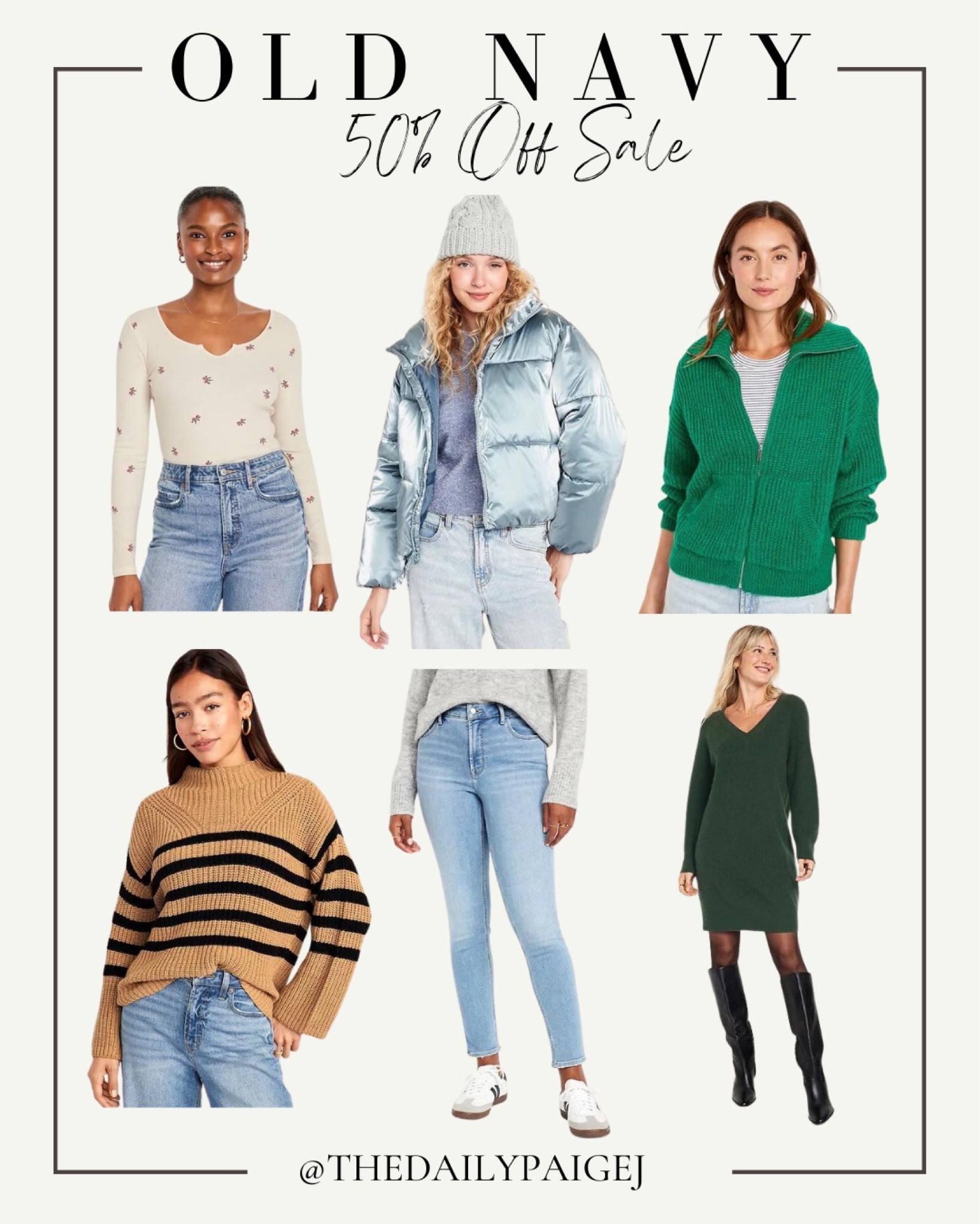 This icy blue puffer jacket is beautiful and 50% off today at old navy! They have so many great basics and sweaters on sale until today only. Looking for a holiday sweater dress? This green sweater dress would be perfect! If you’re looking for a trendy striped sweater, this sweater comes in two different colors and is 50% off. Tons of great options to choose for Fall and winter outfit options!

Old navy on sale, sweaters on sale, Fall sweaters, jeans on sale, winter coats on sale

#LTKsalealert #LTKfindsunder100 #LTKfindsunder50