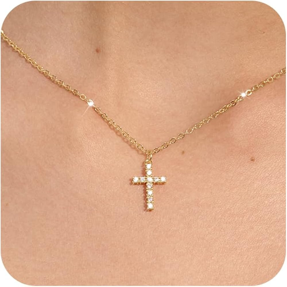 Tewiky Cross Necklace for Women-Dainty Simple 14k Gold Plated Cross Pendant Cute Diamond Necklace... | Amazon (US)