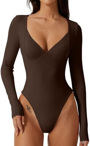 QINSEN Women's Long Sleeve Bodysuit V Neck Body Suits Seamed Cup Going Out Tops Shirt | Amazon (US)