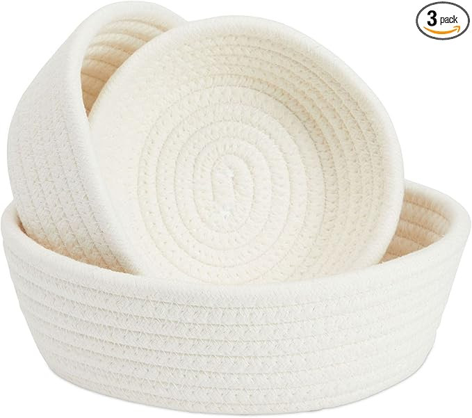 3-Piece Small Cotton Rope Woven Storage Basket Set, White Nesting Bins for Organizing Shelves, Mo... | Amazon (US)