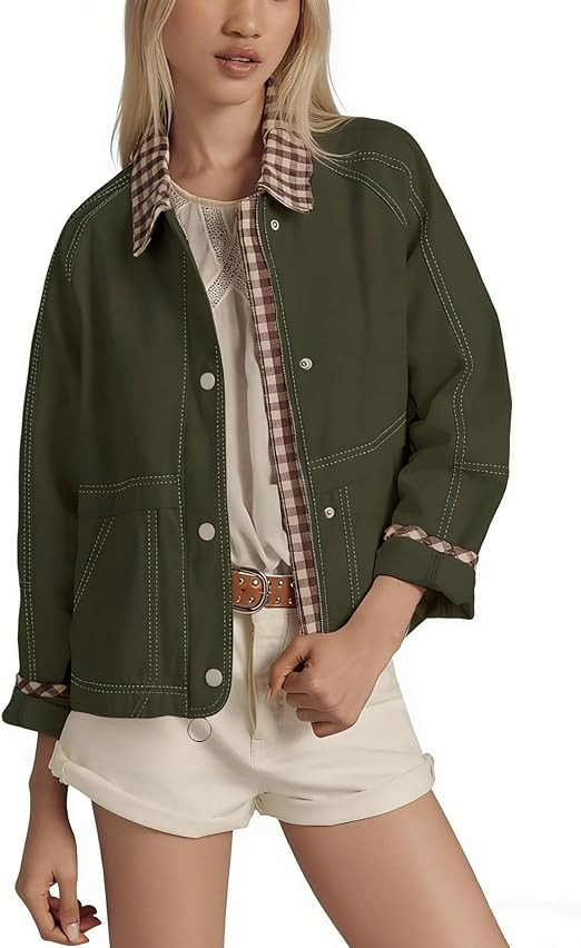 Aimiray Women's Barn Cropped Jacket Windproof Casual Plaid Bomber Jacket Spring Cotton Coats with... | Amazon (US)