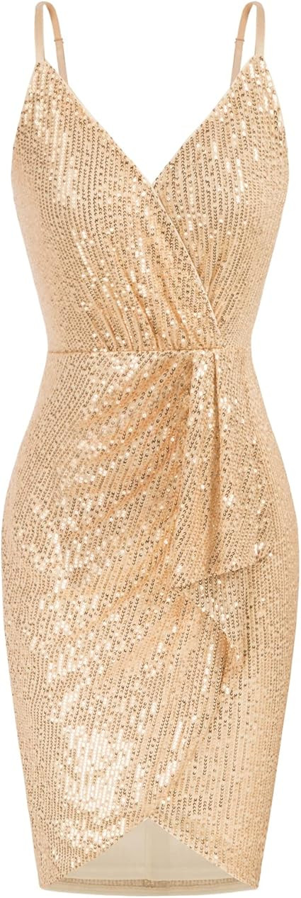 GRACE KARIN Women's Sexy Sequin Dress Wrap V-Neck Ruched Bodycon Spaghetti Straps Cocktail Party ... | Amazon (US)