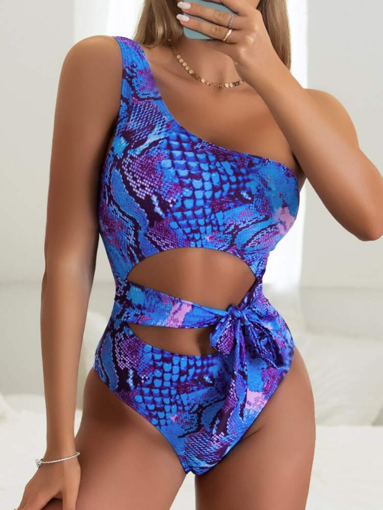 Snakeskin Knot Waist One Shoulder One Piece Swimsuit | SHEIN