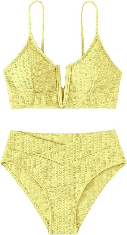 WDIRARA Women's Notched V Neck Bikini Swimsuit 2 Piece Textured Swimsuit Bathing Suits | Amazon (US)