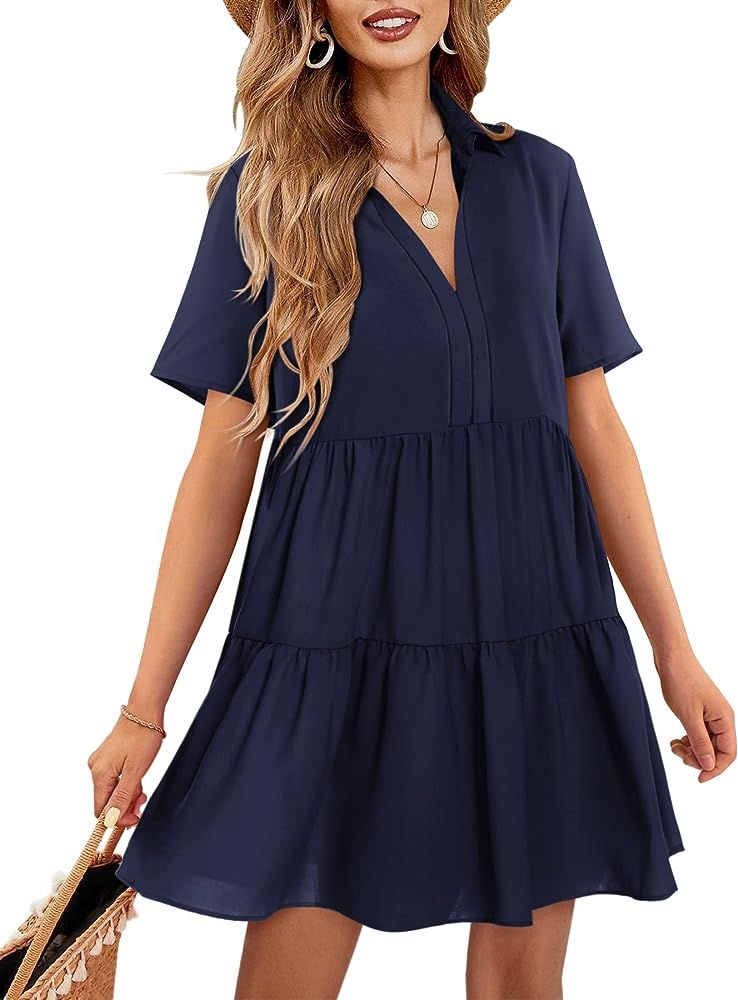 Amoretu Women V Neck Dress Summer Short/Long Sleeve Flowy Tiered Shift Dresses | Amazon (US)