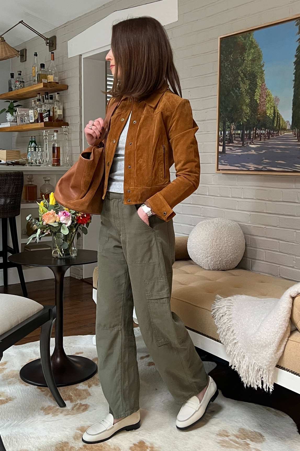 How to style a suede jacket:
Gap long sleeve grey boatneck shirt
Citizens of Humanity olive green cargo pants
Koio white loafers 
Camel leather and suede tote 

#LTKSeasonal #LTKfindsunder50 #LTKstyletip