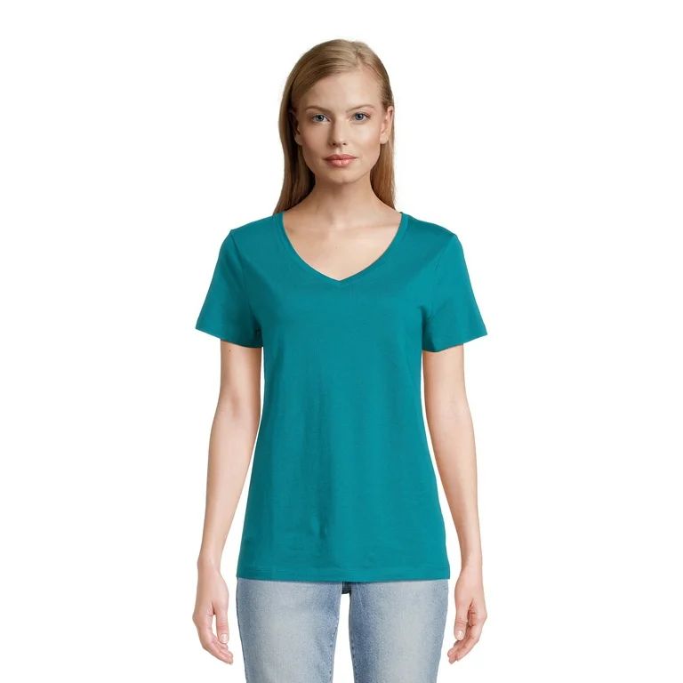 Time and Tru Women's V-Neck Tee with Short Sleeves, Sizes S-3XL - Walmart.com | Walmart (US)