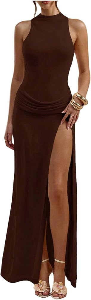 Verdusa Women's Thigh Slit Mesh Dress Ruched Wedding Guest Elegant Sleeveless Long Dress Formal O... | Amazon (US)
