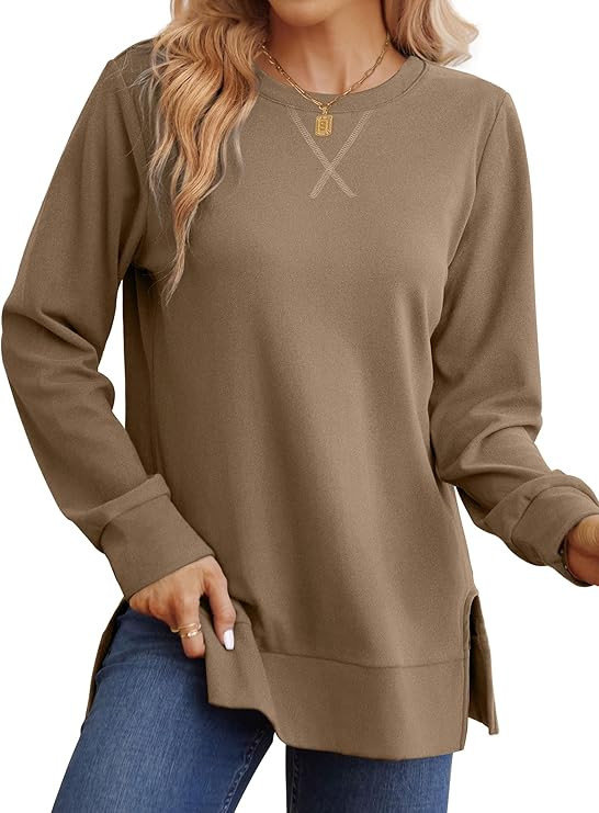 Saloogoe Sweatshirt for women Side Split Fall Fashion 2025 Long Sleeve Shirts Trending Now | Amazon (US)