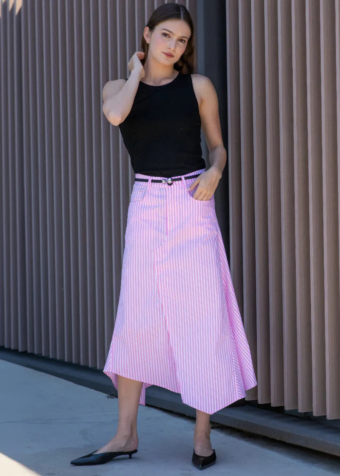 Kya Asymmetrical Hem Striped Midi Skirt - Light Pink | Benaar La