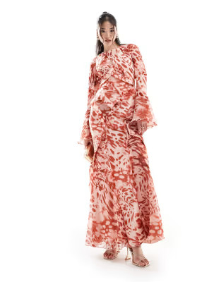 ASOS DESIGN long sleeve ruffle maxi in satin and chiffon mix in red animal print | ASOS (Global)
