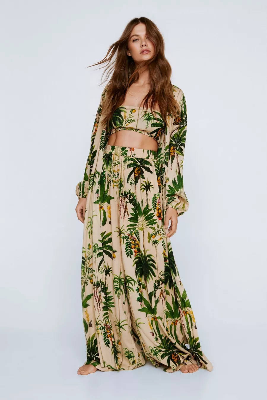 Crinkle Palm Tree Bandeau And Maxi Kimono 3pc Pants Set | Nasty Gal US