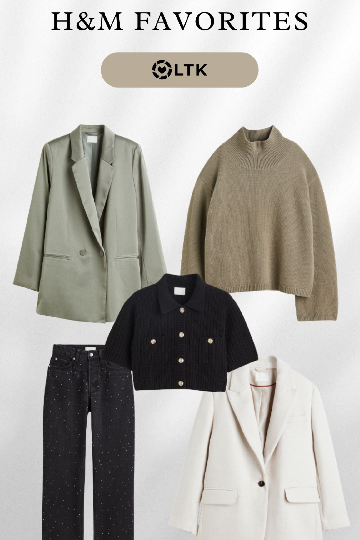 H&M favorite bestsellers winter outfit ootd fashion trends satin blazer sage green beige turtleneck sweater white cream twill blazer cropped black blazer high waisted straight jeans with strass 

#LTKSeasonal #LTKunder100 #LTKeurope