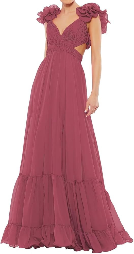 Chiffon Ruffle Prom Dresses Long for Women A Line Bridesmaid Dresses Tiered Backless Formal Eveni... | Amazon (US)