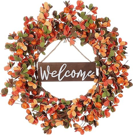 Artificial Fall Wreath,20 Inches Orange Autumn Wreath with Small Pumpkins Thanksgiving Wreath wit... | Amazon (US)
